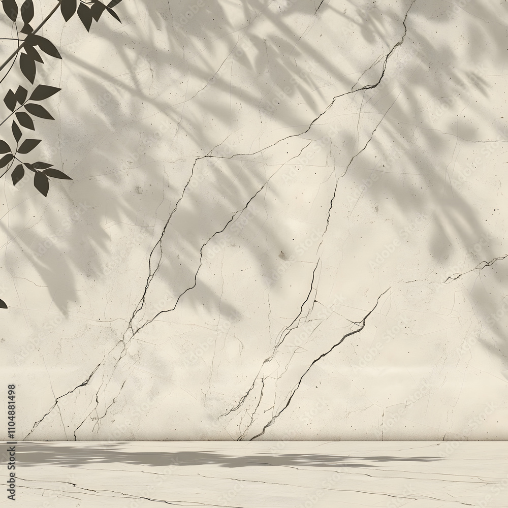 Poster a textured wall with shadows from leaves, creating a serene and minimalist atmosphere.