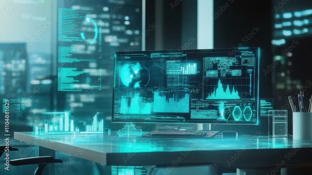 Poster futuristic data analysis workspace with digital interface elements