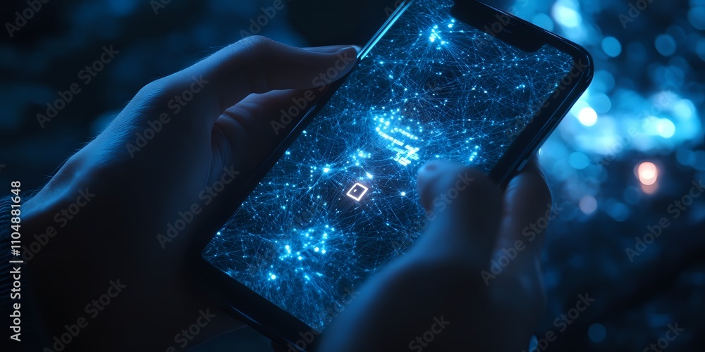 Poster nighttime smartphone use showing futuristic network connections displayed on screen