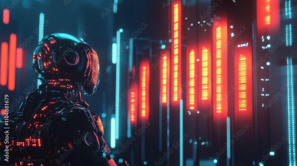 Poster futuristic robot analyzing digital data in neon environment