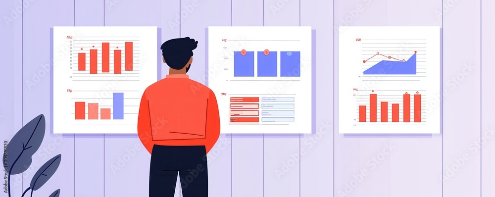 Poster a person analyzes various graphs and charts displayed on walls, focusing on data insights and trends