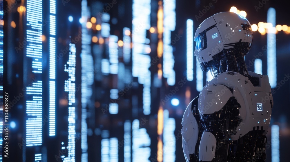 Poster futuristic robot in neon environment with glowing data displays