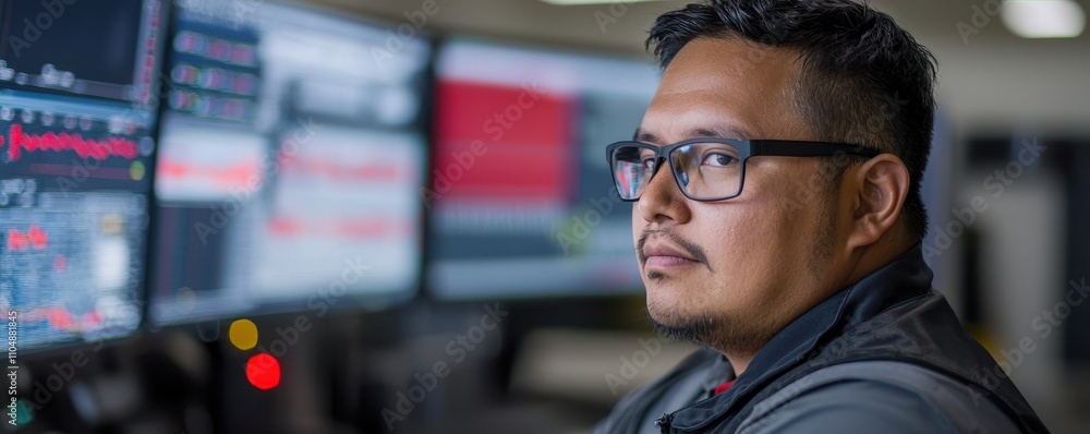 Poster a focused man monitors multiple screens displaying data, emphasizing a high-tech work environment an