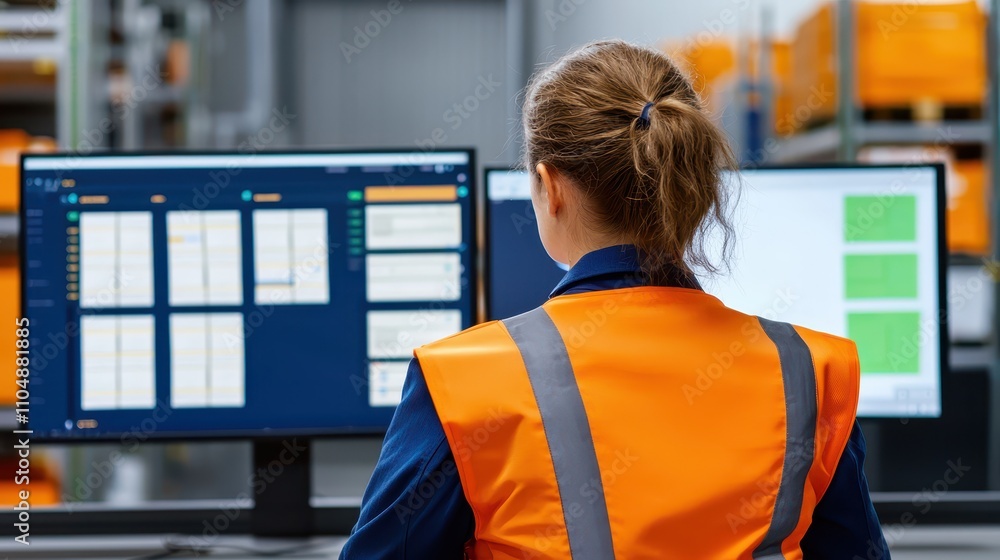 Poster a worker in an orange vest analyzes data on multiple screens in a warehouse setting, showcasing tech