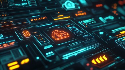 Obraz premium Futuristic Digital Interface with Cloud Technology and Data Visuals