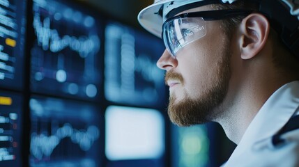 A focused man in safety gear analyzes data on multiple screens, showcasing technology in a professional environment.