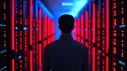 A person stands in a server room, illuminated by red and blue lights, suggesting a high-tech environment and data center atmosphere.