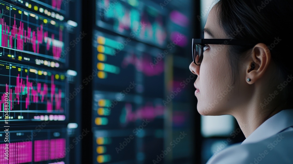 Poster a focused analyst examines complex data visualizations on multiple screens, showcasing modern techno
