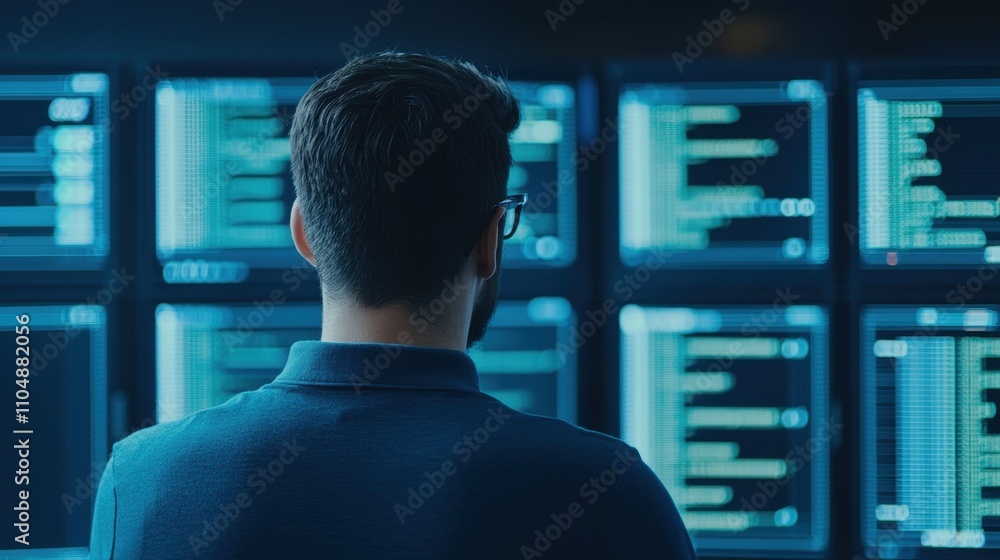 Poster a focused individual analyzes data on multiple screens, surrounded by a blue glow from digital displ