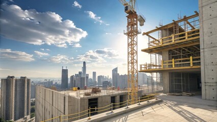 High-Rise Construction Site with Crane and Urban Cityscape Background V2