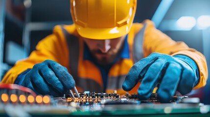 A focused technician in safety gear works on a circuit board, showcasing skills in electronics and engineering.