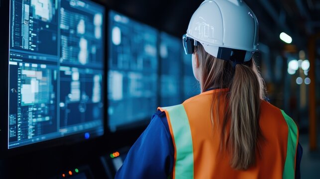 A woman in a hard hat and safety vest monitors multiple screens in a control room, focusing on data and technology in a professional environment.