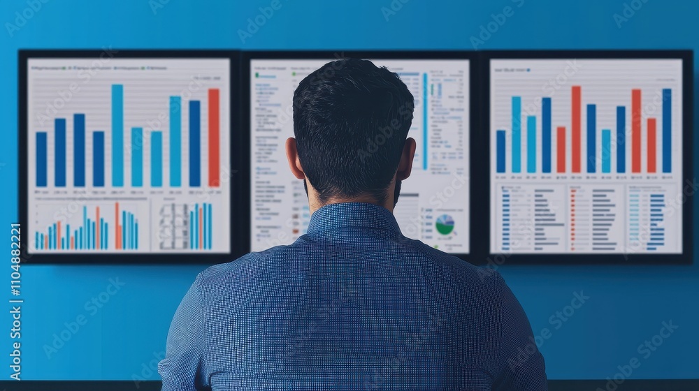 Poster a person analyzes data on multiple screens, showcasing colorful graphs and statistics against a blue