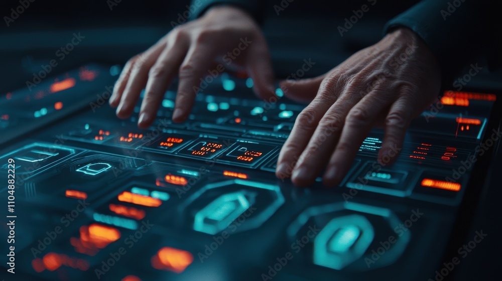 Poster a person interacts with a futuristic touchscreen control panel showcasing glowing buttons and comple