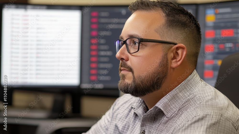 Poster a focused man in glasses sits at a desk with multiple computer screens displaying data, suggesting a