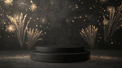 New year's celebration background with elegant podium, festive decorations, and sparkling lights, perfect for countdown events, party invitations, and holiday-themed designs