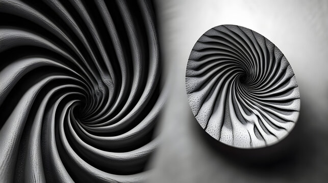 Abstract black and white spiral patterns creating a dynamic visual effect with depth and texture