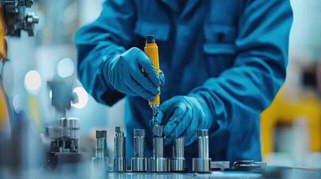 A technician in blue gloves uses a tool to assemble metal components in a manufacturing facility, showcasing precision and industrial expertise. - Powered by Adobe