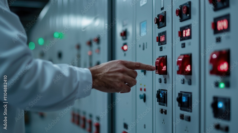 Poster a technician's hand adjusts controls on a panel filled with indicators and buttons, highlighting a b
