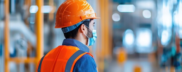 A worker in an orange safety helmet and mask observes a warehouse environment, emphasizing safety and industrial work.