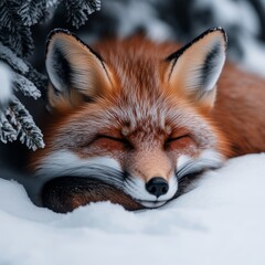 Obraz premium A red fox sleeps peacefully in the snow, eyes closed, nestled under a pine tree.