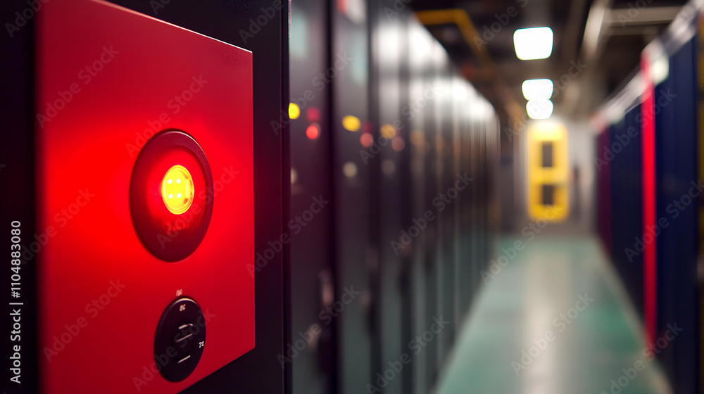 Poster red warning light illuminates server room panel, indicating potential system failure in a data cente