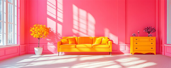 Vibrant Pink Room with Yellow Sofa and Decor