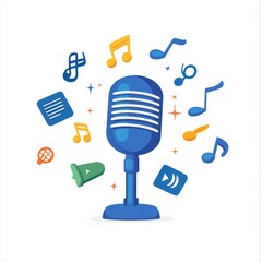 A vibrant illustration of a blue microphone surrounded by musical notes and icons, symbolizing music, sound, and audio communication.