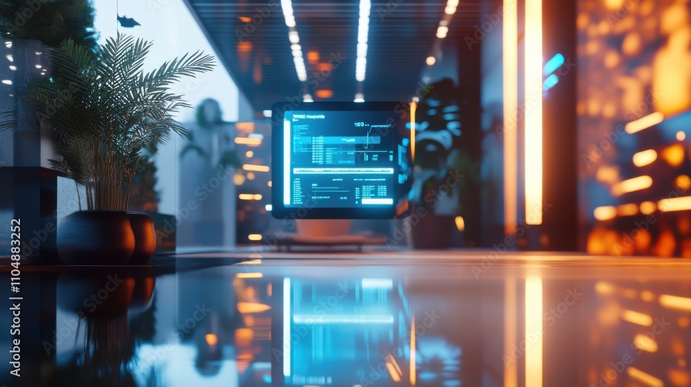 Poster modern office workspace with computer and futuristic design elements