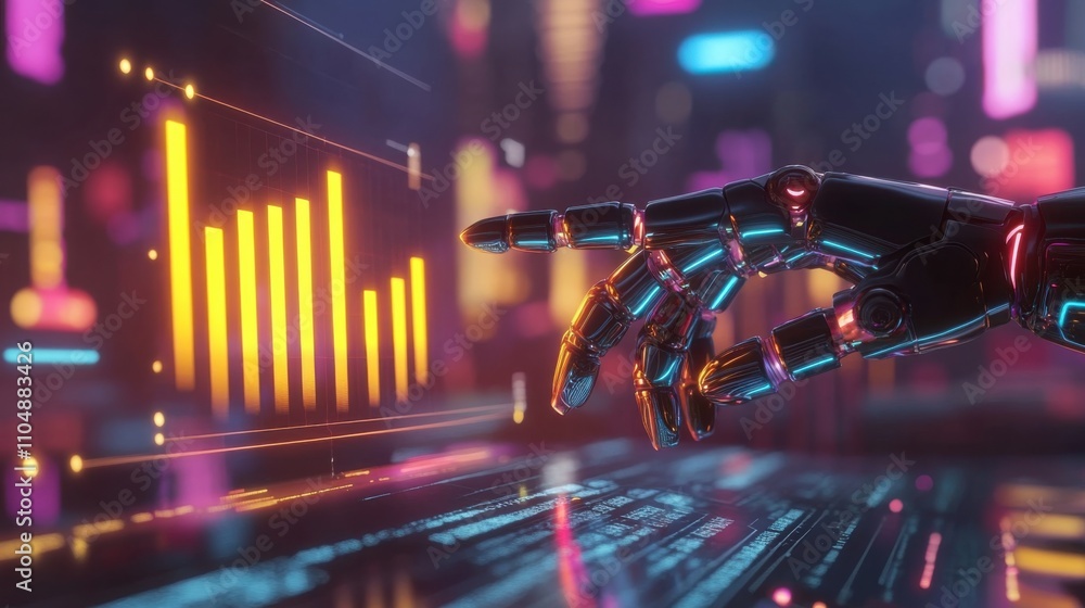 Poster futuristic robotic hand interacting with data visualization chart