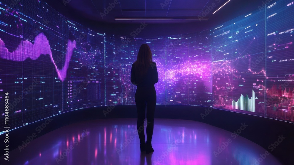 Aufkleber woman analyzing data in high-tech digital environment with graphs