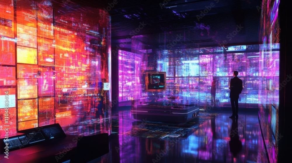 Poster futuristic digital workspace with neon lights and data visualization
