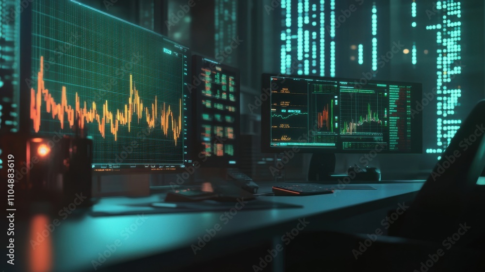 Poster advanced trading desk with monitors displaying financial data