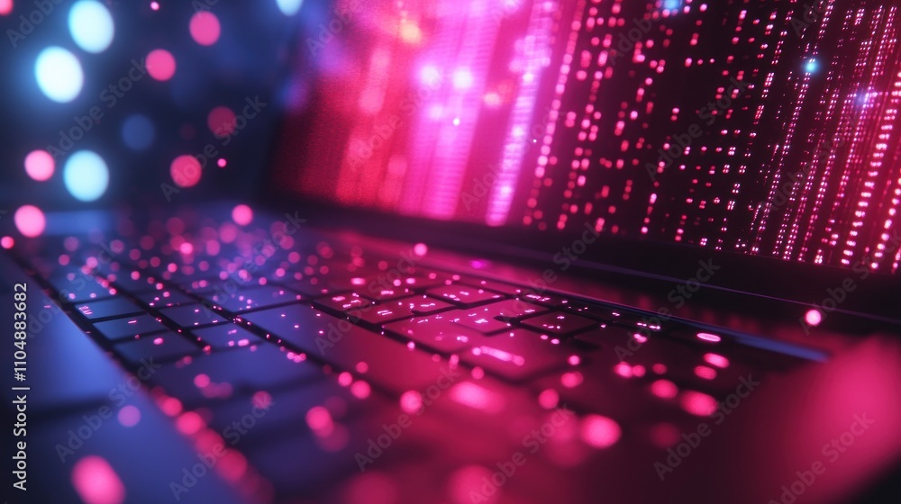 Poster close-up of a laptop keyboard with pink and blue lights reflecting on the keys. the screen displays 