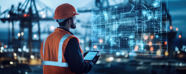 Innovative worker using advanced technology in shipyard, monitoring security systems and data on digital tablet. scene captures blend of industry and technology
