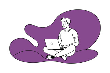 Line Drawing of Man Using Laptop - Vector Art Illustration