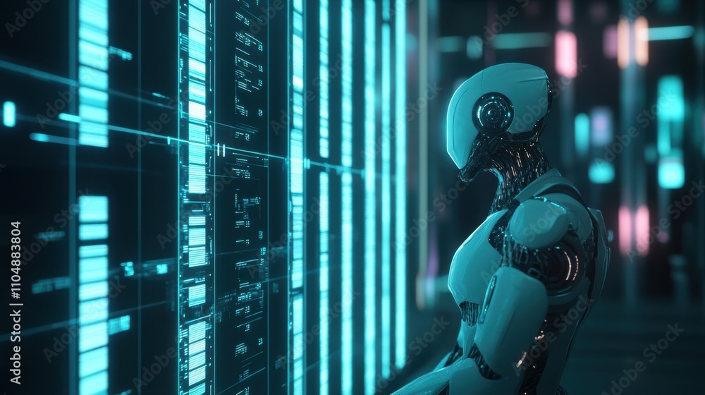 Poster futuristic robot analyzing data on a high-tech screen display