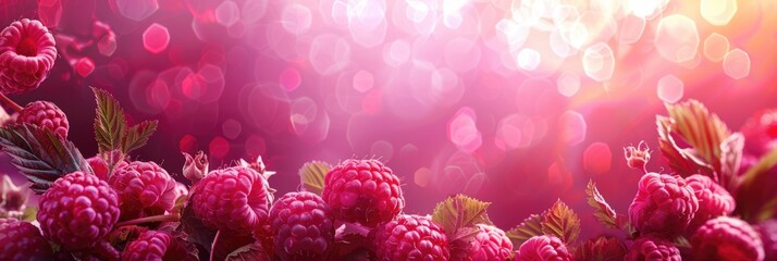 Fresh juicy raspberries on a bright background in close-up. A place to add text or design.