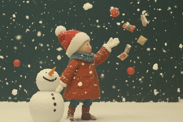 A delightful winter scene featuring a child in a red coat and Santa hat playing in the snow next to a cheerful snowman. The child joyfully tosses small wrapped gifts into the air