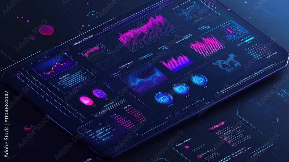 Poster futuristic data visualization on tablet display with vibrant colors