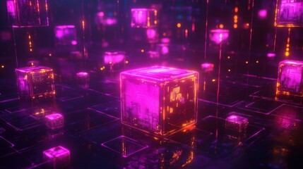 Fototapeta premium Futuristic Abstract Digital Blocks with Neon Light Effects