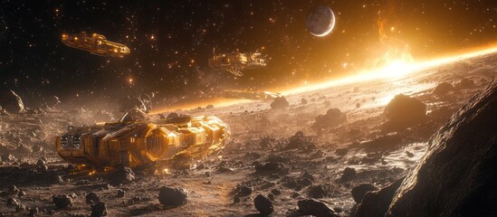 Spaceships on a rocky planet in space with a sun and a moon in the distance.
