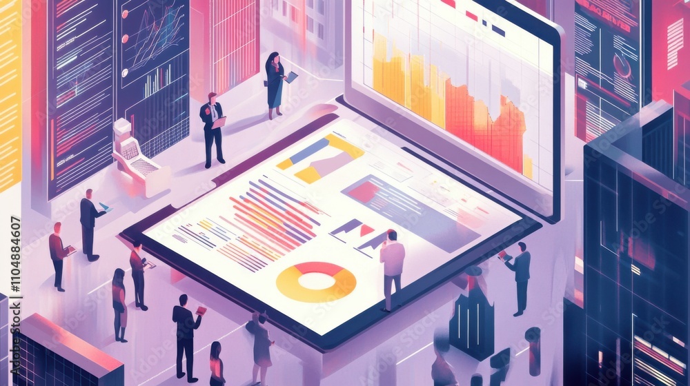 Poster innovative business meeting with data analytics and visualizations
