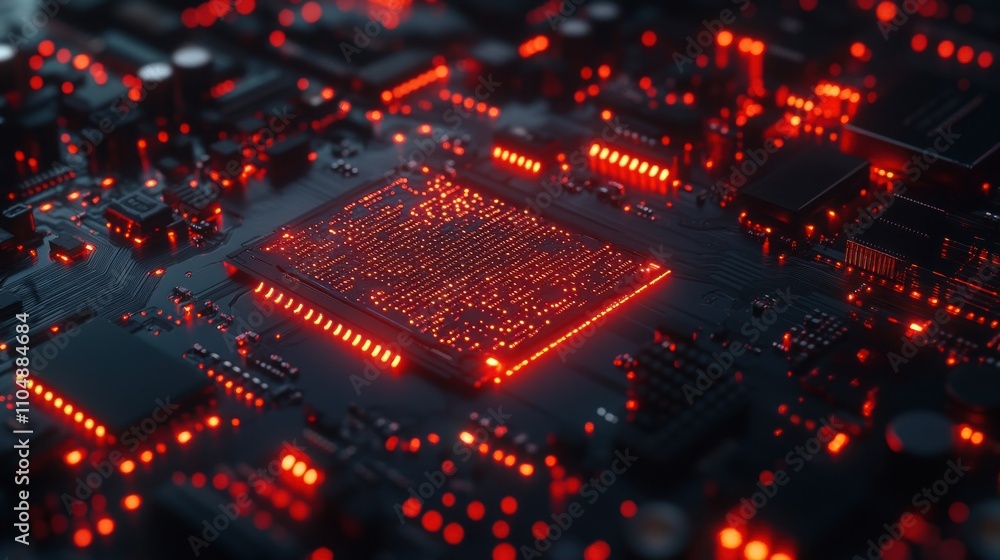 Poster close-up of a glowing red cpu chip on a circuit board.