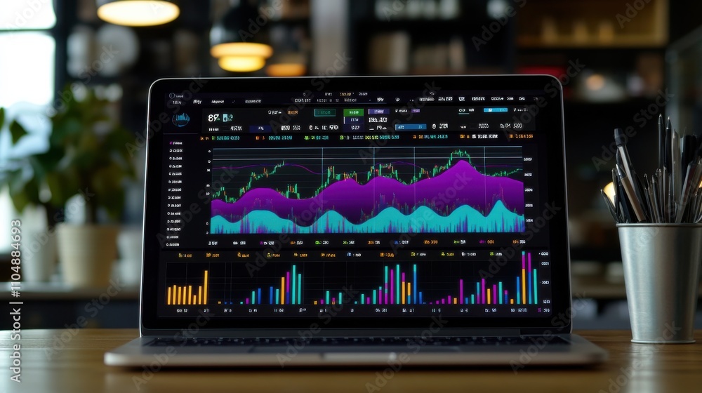 Poster data analysis on laptop screen with colorful charts and graphs