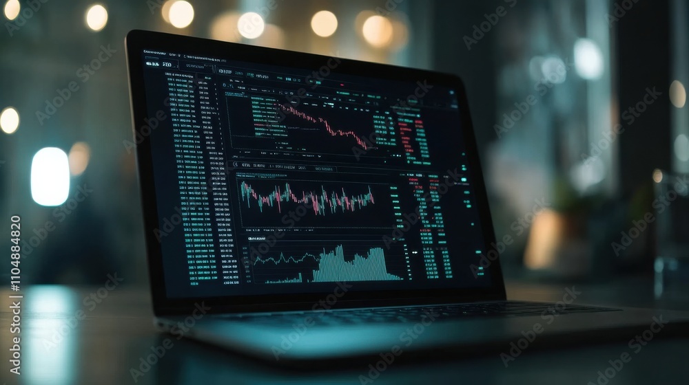 Poster financial data visualization on laptop screen with bokeh background