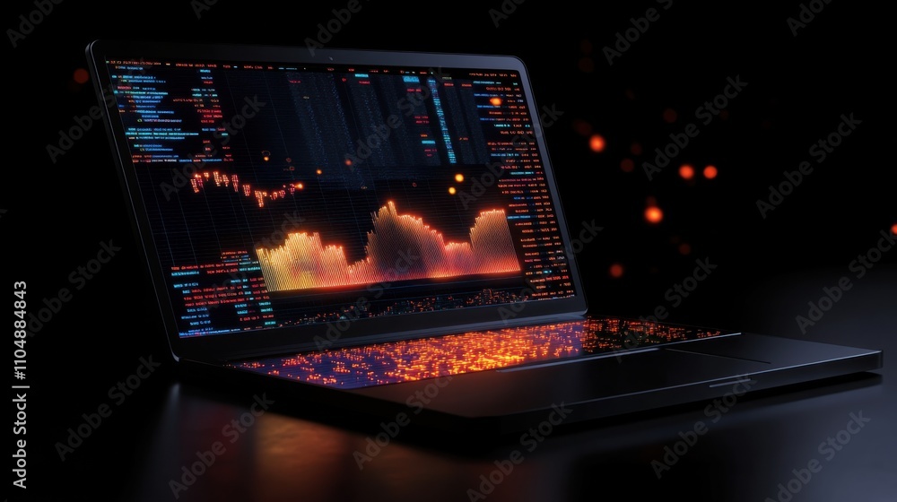 Poster futuristic laptop displaying colorful data visualization graphs