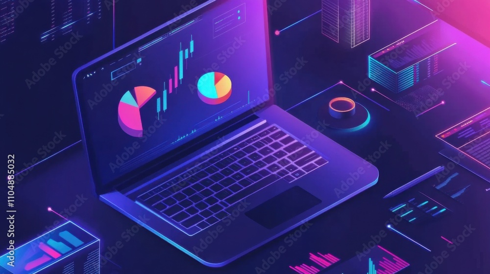 Poster modern laptop with vibrant data visualization and graphs