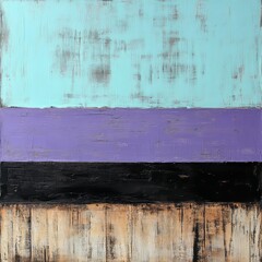 Fototapeta premium Abstract painting with teal, purple, black, and beige horizontal stripes on a textured wood background.