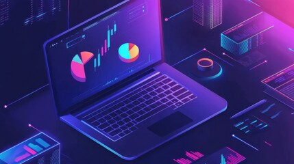 Modern Laptop with Vibrant Data Visualization and Graphs